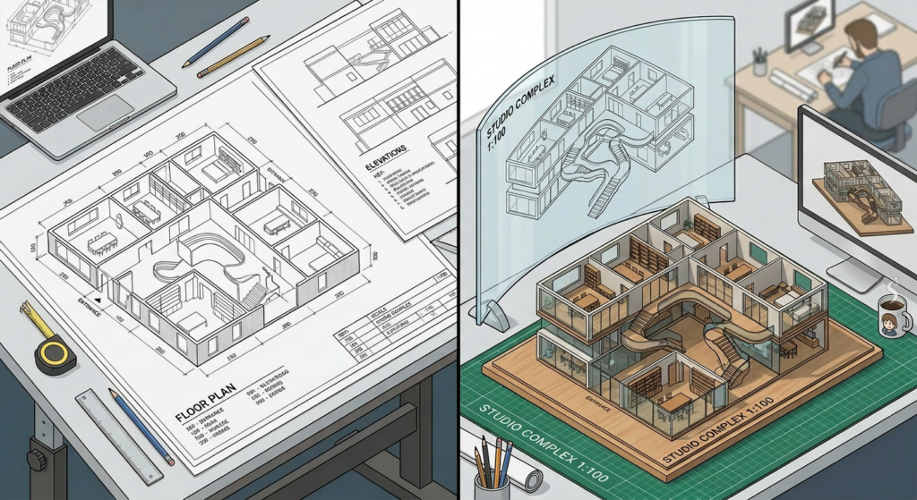 3D architectural model rising from detailed floor plan blueprints on a desk