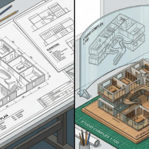 3D architectural model rising from detailed floor plan blueprints on a desk