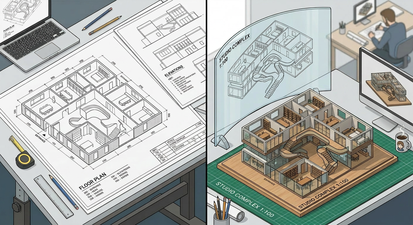 3D architectural model rising from detailed floor plan blueprints on a desk
