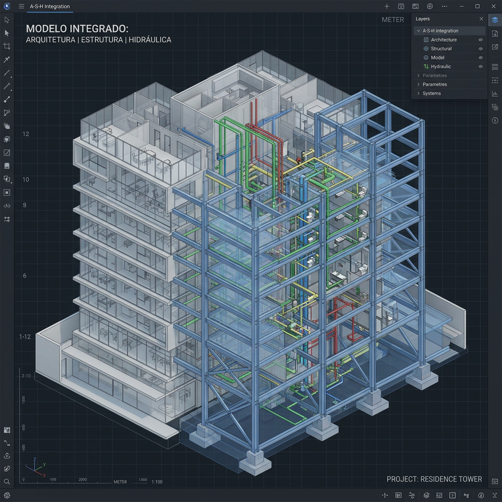 3D digital architectural, structural, and hydraulic integration model of a multi-story residential tower