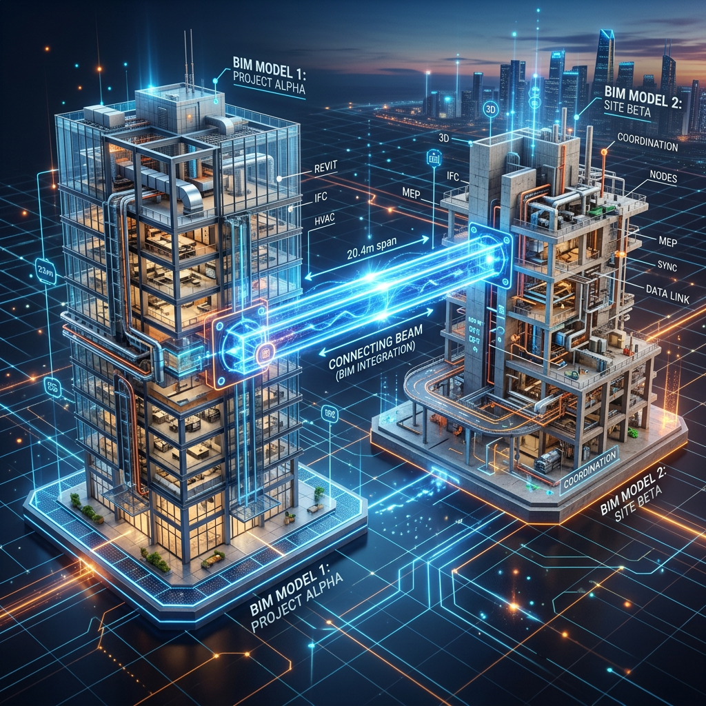 Two detailed BIM building models connected by a glowing digital beam showing data and systems integration
