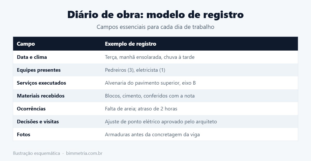 Modelo de diário de obra com campos essenciais