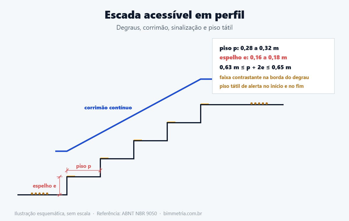 Perfil de escada acessível com degraus, corrimão e sinalização
